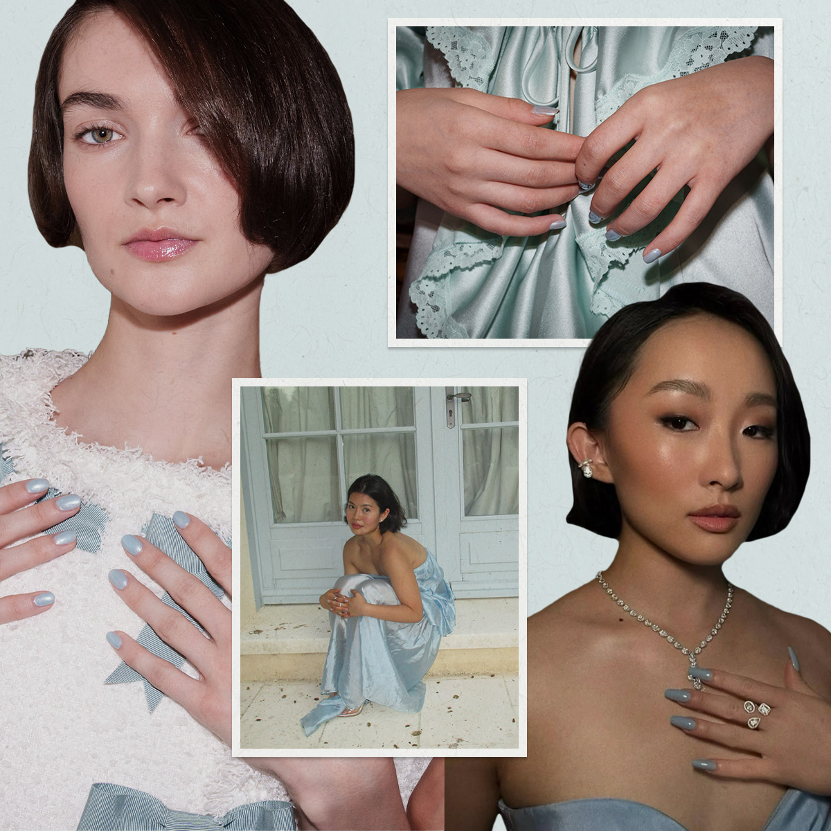 Photo collage of icy blue manicures 
