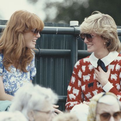 Sarah Ferguson talking to Princess Diana, wearing a red sheep sweater