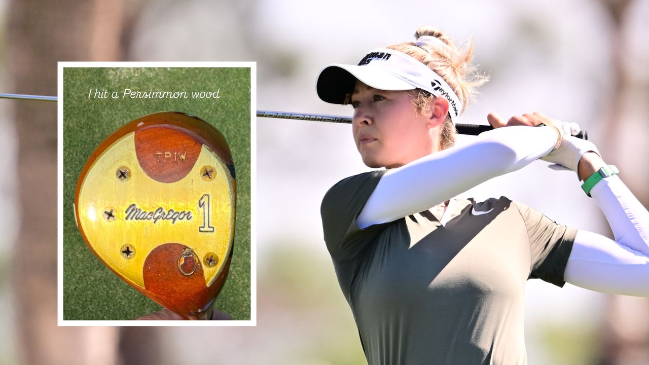 Nelly Korda hits a drive and an inset of a persimmon driver head