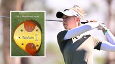 Nelly Korda hits a drive and an inset of a persimmon driver head