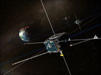 An artist's illustration of NASA's five THEMIS aurora-hunting satellites in orbit around Earth.