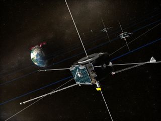 An artist's illustration of NASA's five THEMIS aurora-hunting satellites in orbit around Earth.