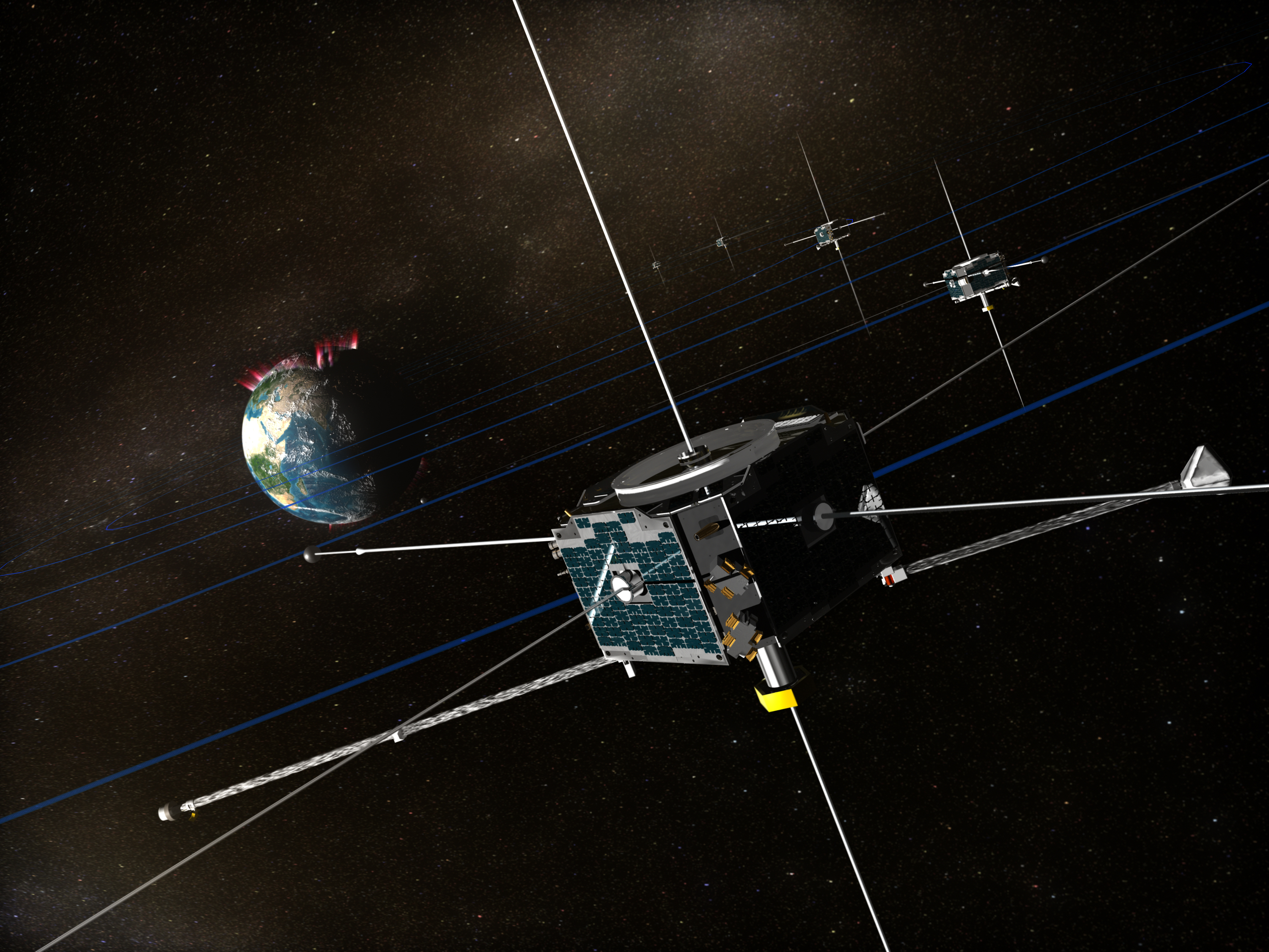 An artist's illustration of NASA's five THEMIS aurora-hunting satellites in orbit around Earth.