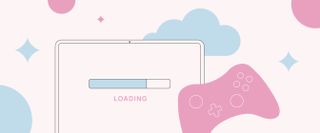 An illustration of a computer loading screen and a gaming controller on a pink background.