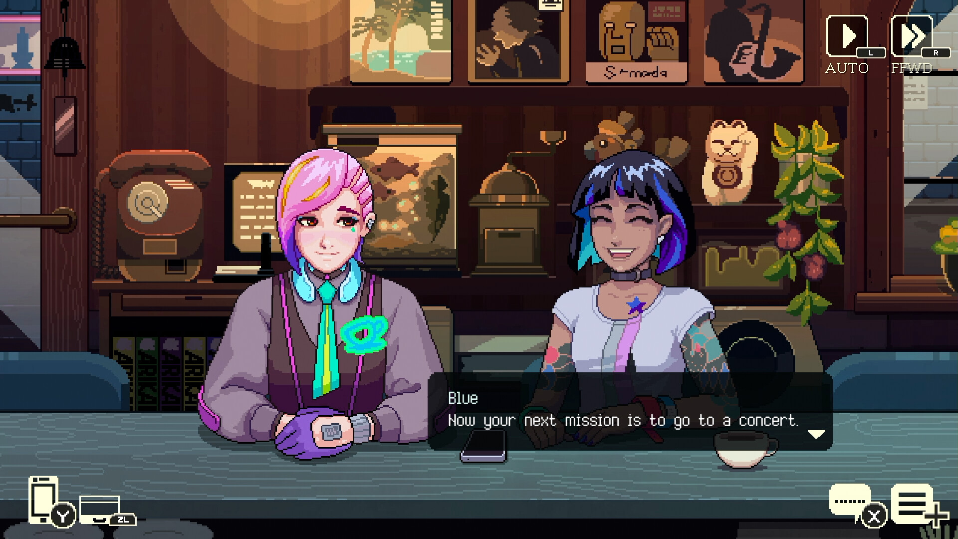 Coffee Talk Tokyo screenshot showing a character called Blue talking to a person with pink hair, saying &quot;now your next mission is to go to a concert&quot;