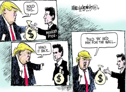 Political cartoon U.S. Trump Mexico pay for border wall