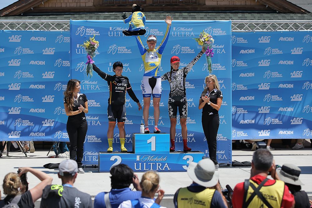 Brianna Walle, Alison Powers and Tayler Wiles on the 2014 Tour of California women's time trial podium.