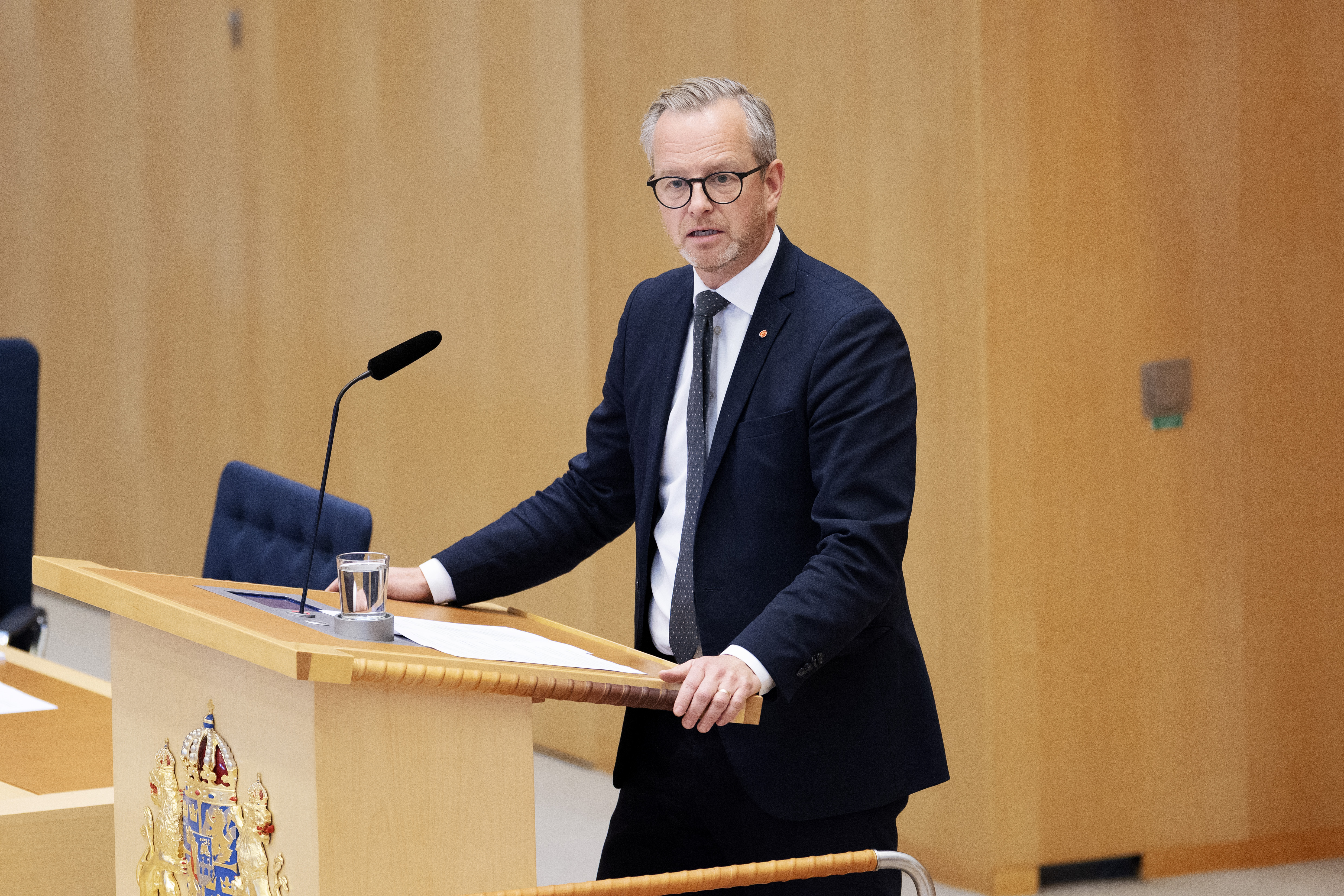 STOCKHOLM, SWEDEN - SEPTEMBER 19: Mikael Damberg , Economic Spokesperson for the Social Democrats speaks after Minister of Finance Elisabeth Svantesson presents the budget on September 19, 2024 in Stockholm, Sweden. (Photo by Nils Petter Nilsson/Getty Images)