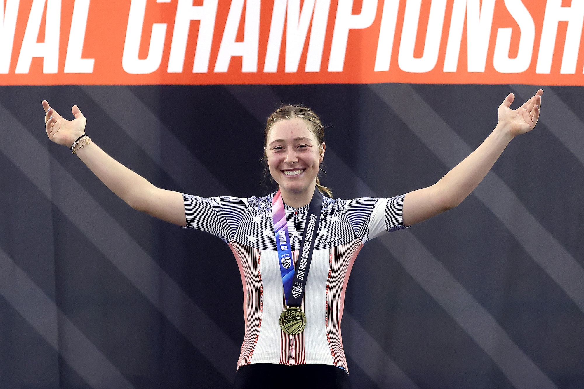 Ella Sabo celebrates a third gold medal at the USA Cycling 2026 Elite Track National Championships