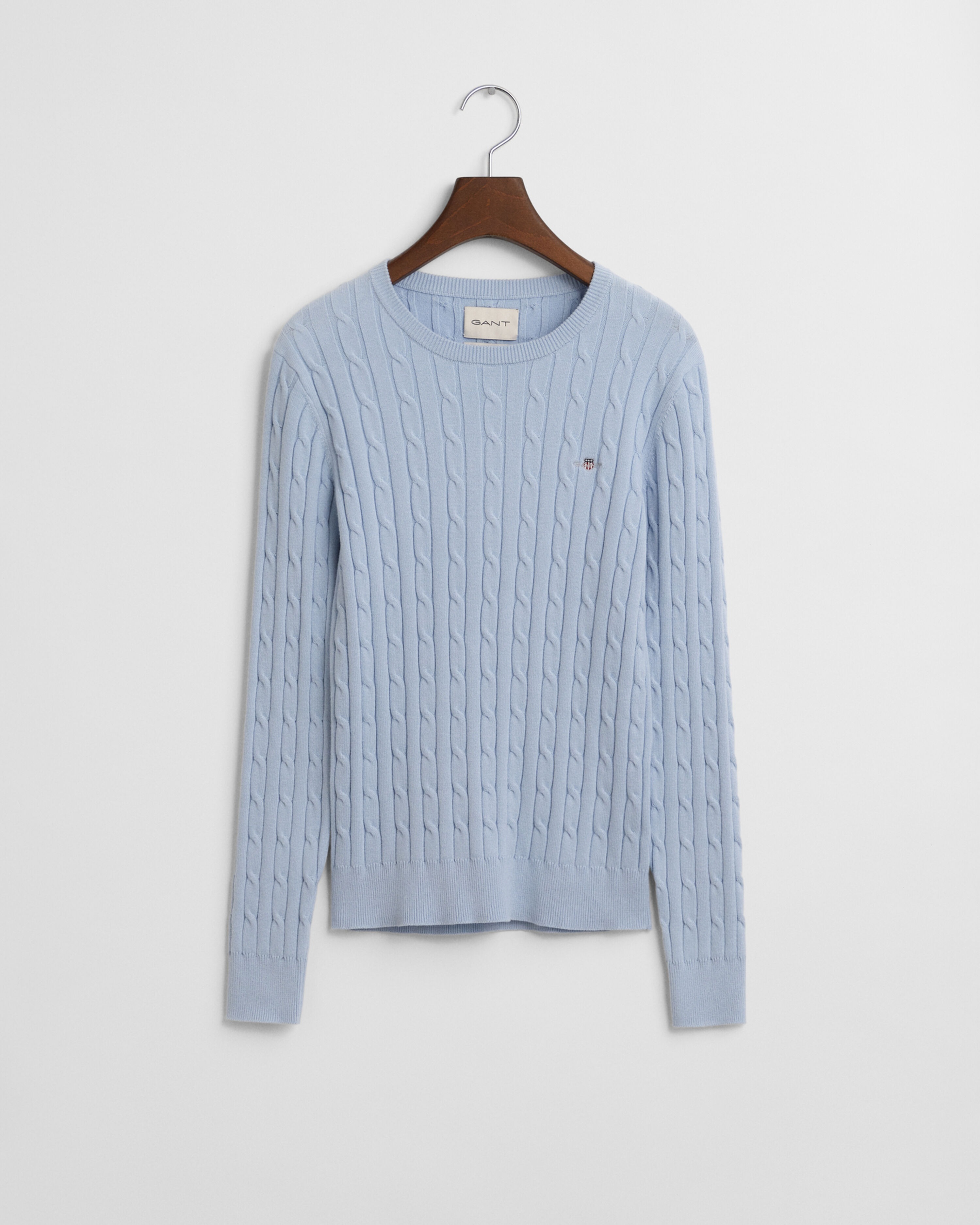 Stretch Cotton Cable Knit Crew Neck Sweater