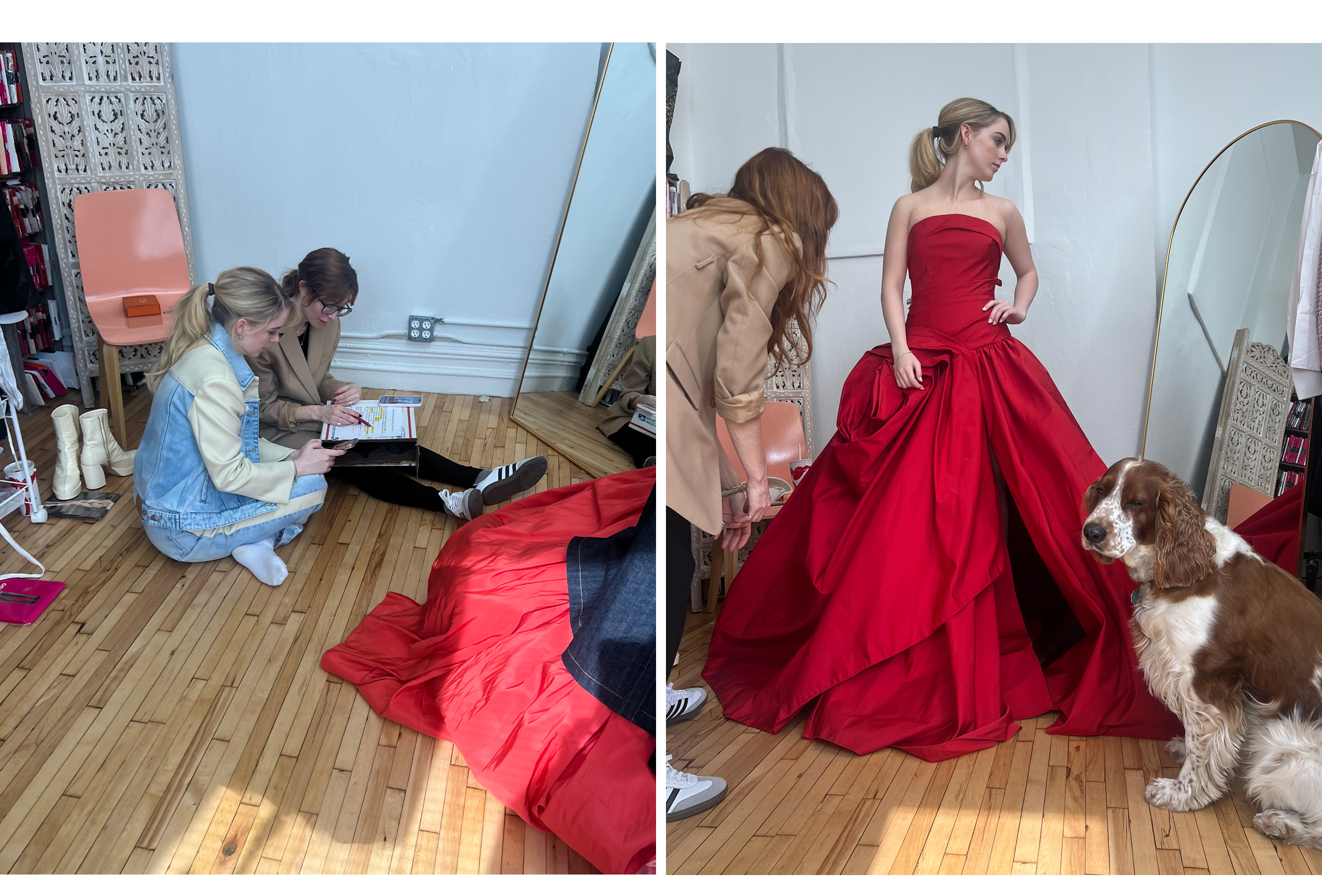 Mckenna Grace getting into her red Marchesa dress with stylist Sarah Slutsky