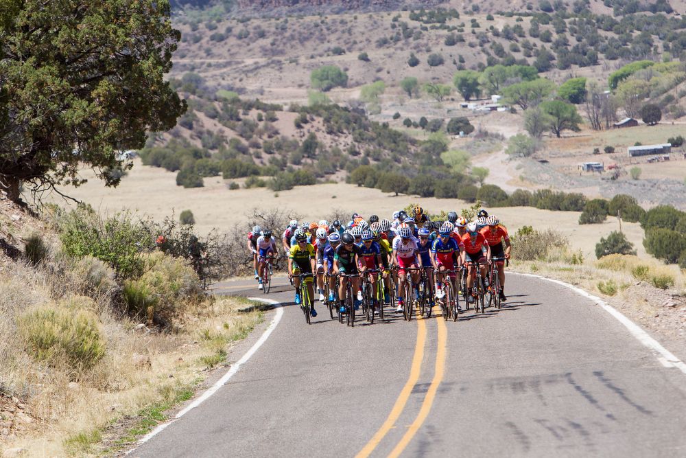The mens field hits the final climb on stage 1 of the Tour of The Gila on April 18, 2018 in Silver City, New Mexico.