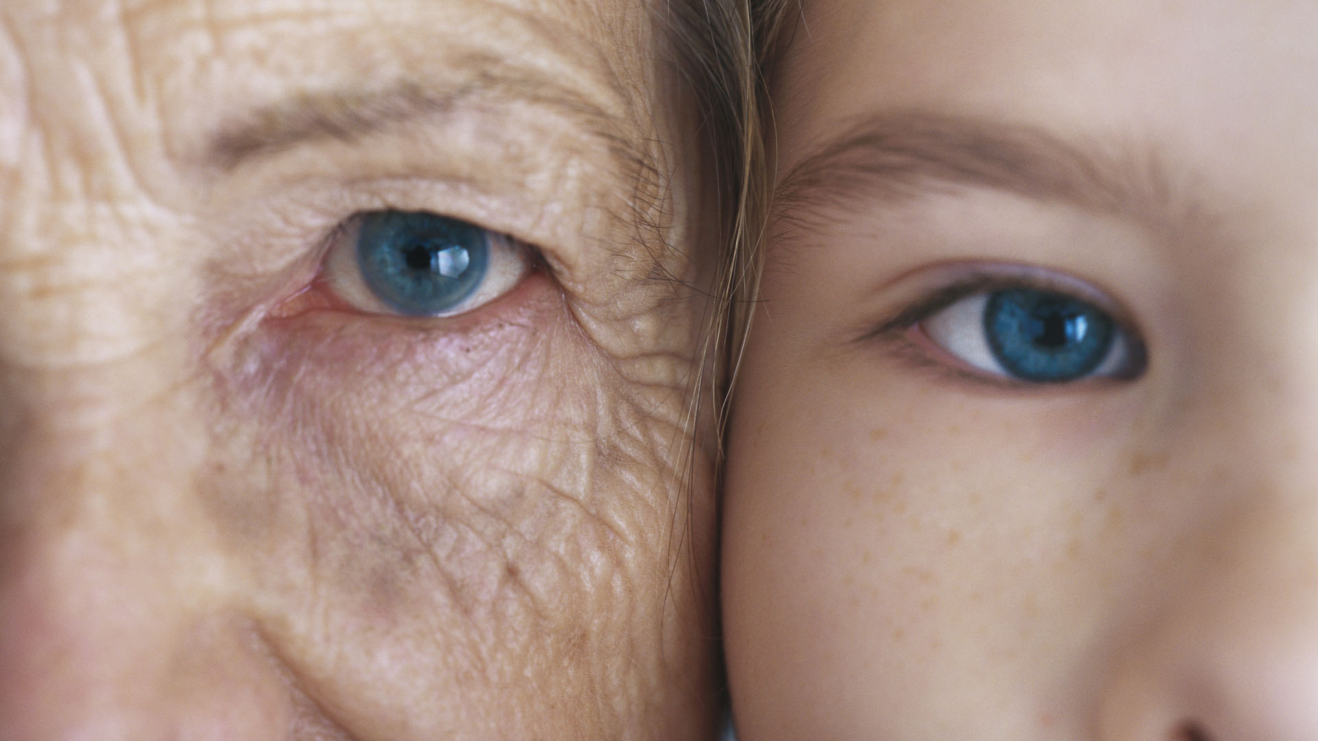 Girl and grandmother, cheek to cheek, close-up, partial view