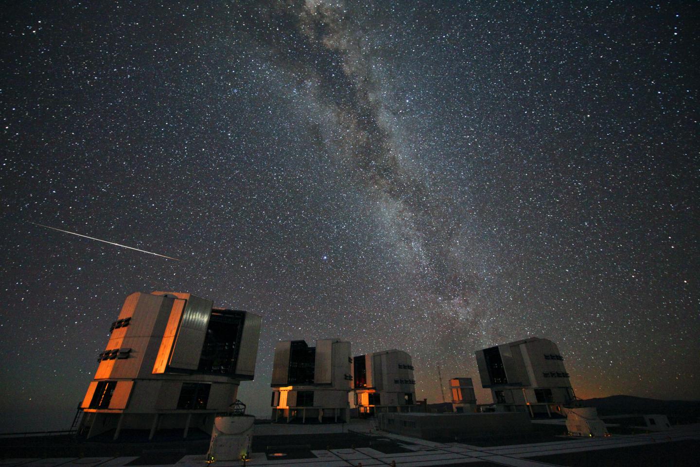 This image captures the dazzling Milky Way and a Perseid meteor as it flies over the European Southern Observatory's Very Large Telescope in Chile in August 2010. The Perseid meteor shower occurs every summer and is set to peak on August 12 this year.