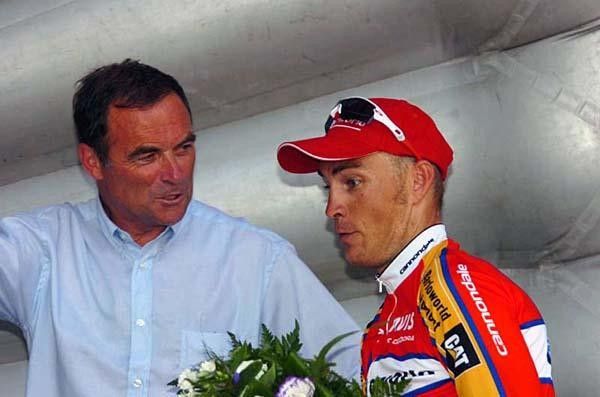 Rob Hunter gets the congrats from five-time Tour winner Bernard Hinault.