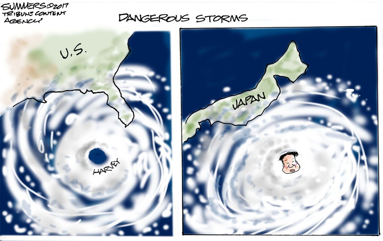 Political cartoon World hurricane Harvey Kim Jong-Un