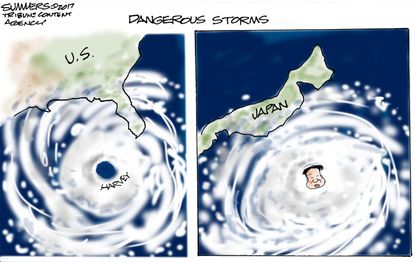 Political cartoon World hurricane Harvey Kim Jong-Un