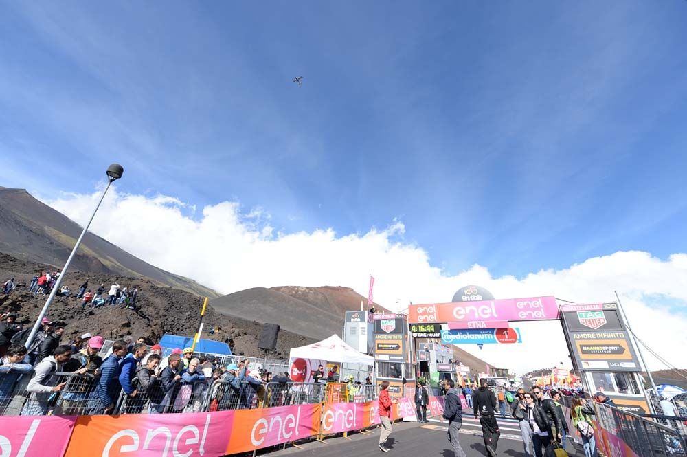 The relative calm before the arriving storm of riders at the 2017 Giro on Etna