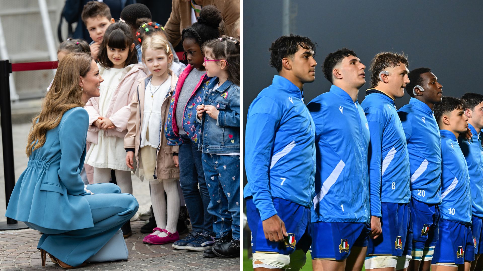 A picture of Kate Middleton in Italy in 2026 and a picture of Italian players during the U20 Six Nations 2026