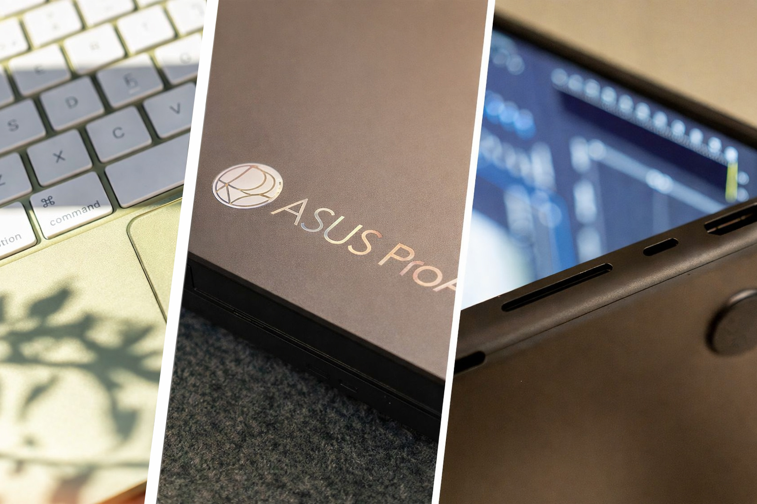 A collage of three laptops, side by side, a MacBook Neo closeup of keyboard, an ASUS ProArt lid and the underside of a half-open MacBook Pro M5
