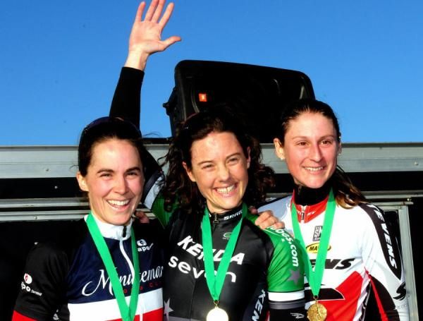 Elite Women's Podium (L to R) Andrea Smith (Minuteman Road Club) 2nd, Mary McConneloug (Kenda-Seven-No Tubes) 1st, Rebecca Wellons (Stevens) 3rd