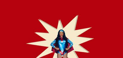 Omarosa Manigault Newman in a red white and blue supersuit saving America from boredom