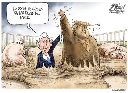 Political cartoon U.S. 2016 election Donald Trump Mike Pence pigs