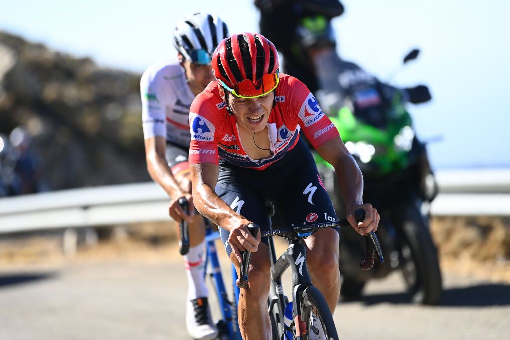 SIERRA DE LA PANDERA SPAIN SEPTEMBER 03 Remco Evenepoel of Belgium and Team QuickStep Alpha Vinyl Red Leader Jersey competes during the 77th Tour of Spain 2022 Stage 14 a 1603km stage from Montoro to Sierra de La Pandera 1815m LaVuelta22 WorldTour on September 03 2022 in Sierra de La Pandera Spain Photo by Tim de WaeleGetty Images