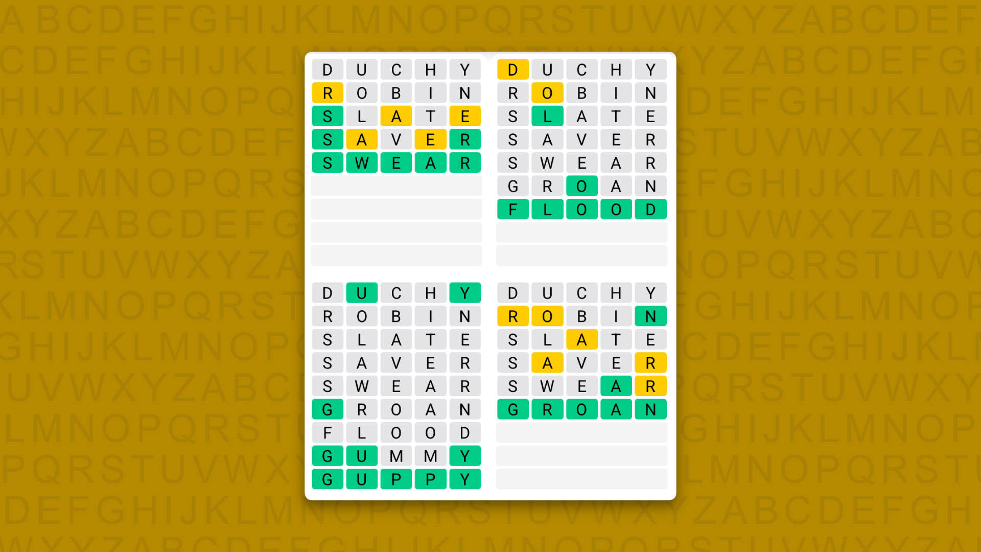 Quordle answers for game 1705 on a yellow background