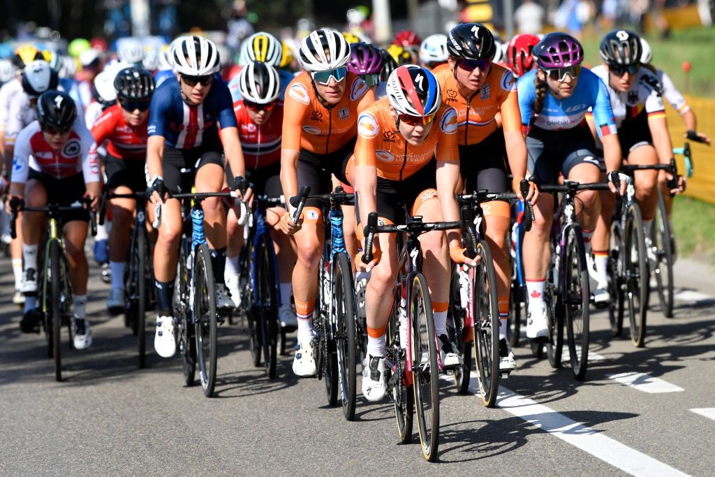 Illustration picture shows the pack of riders in action during the women elite road race on the seventh day of the UCI World Championships Road Cycling Flanders 2021 15770km from Antwerp to Leuven on Saturday 25 September 2021 The Worlds take place from 19 to 26 September 2021 in several cities in Flanders Belgium BELGA PHOTO POOL KRISTOF RAMON Photo by POOL KRISTOF RAMONBELGA MAGAFP via Getty Images