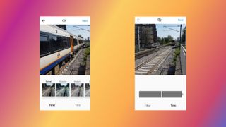 Screenshots of Instagram video posting interface on gradient background
