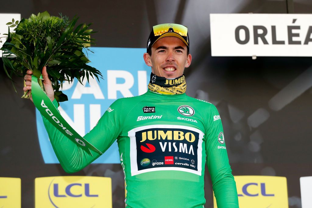 ORLEANS FRANCE MARCH 07 Christophe Laporte of France and Team Jumbo Visma celebrates winning the green points jersey on the podium ceremony after the 80th Paris Nice 2022 Stage 2 a 1592km stage from Auffargis to Orlans ParisNice on March 07 2022 in Orleans France Photo by Bas CzerwinskiGetty Images