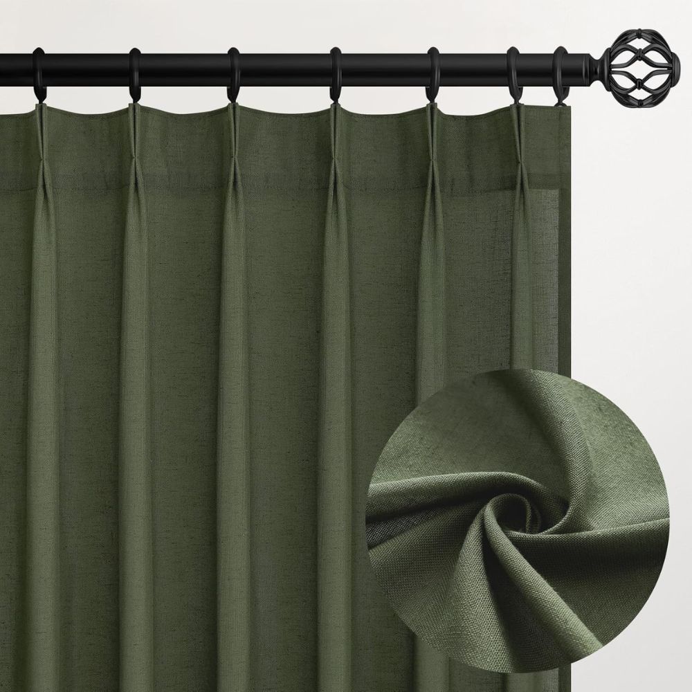 Olive Green Linen Pinch Pleated Curtains
