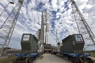 A United Launch Alliance Atlas V rocket carrying the GOES-S weather satellite is rolled to Space Launch Complex 41 at Cape Canaveral Air Force Station in Florida. Launch is scheduled for 5:02 p.m. EST on March 1, 2018.