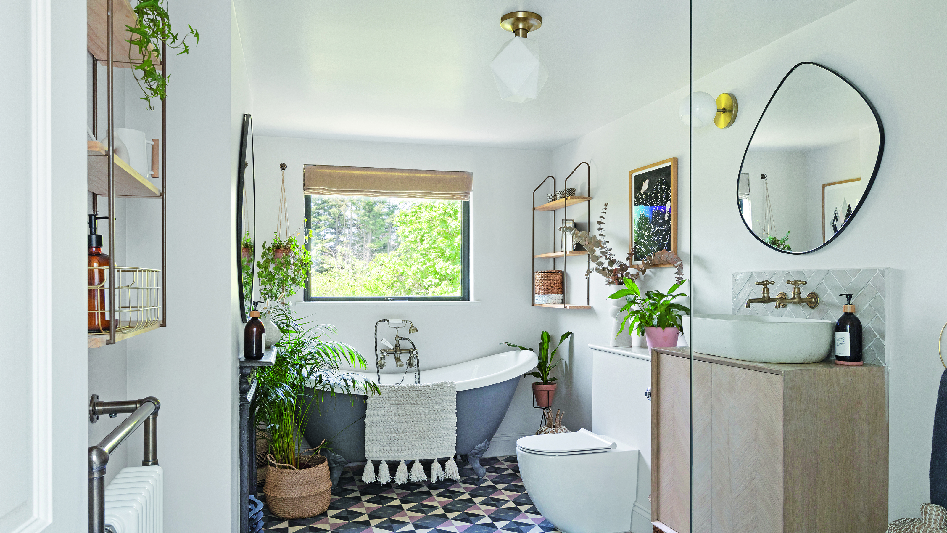 Bathroom with minimalist lighting and blue floors