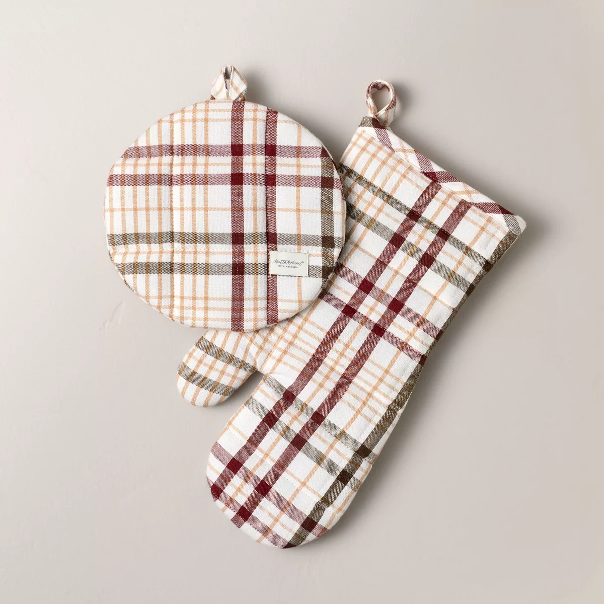 Set of 2 Fall Plaid Oven Mitts Burgundy/brown - Hearth U0026#38; Handu0026#8482; With Magnolia