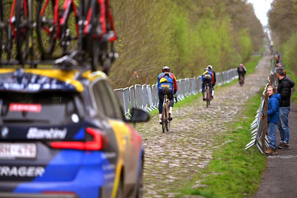 ROUBAIX FRANCE APRIL 05 A general view of Team Lidl Trek train at the Troue dArenberg cobblestones sector during the 121st ParisRoubaix 2024 Previews UCIWT on April 05 2024 in Roubaix France Photo by Luc ClaessenGetty Images