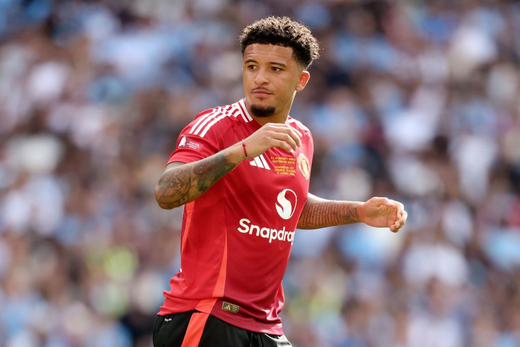 LONDON, ENGLAND - AUGUST 10: Jadon Sancho of Manchester United in action during the 2024 FA Community Shield match between Manchester United and Manchester City at Wembley Stadium on August 10, 2024 in London, England. (Photo by Neal Simpson/Sportsphoto/Allstar via Getty Images)