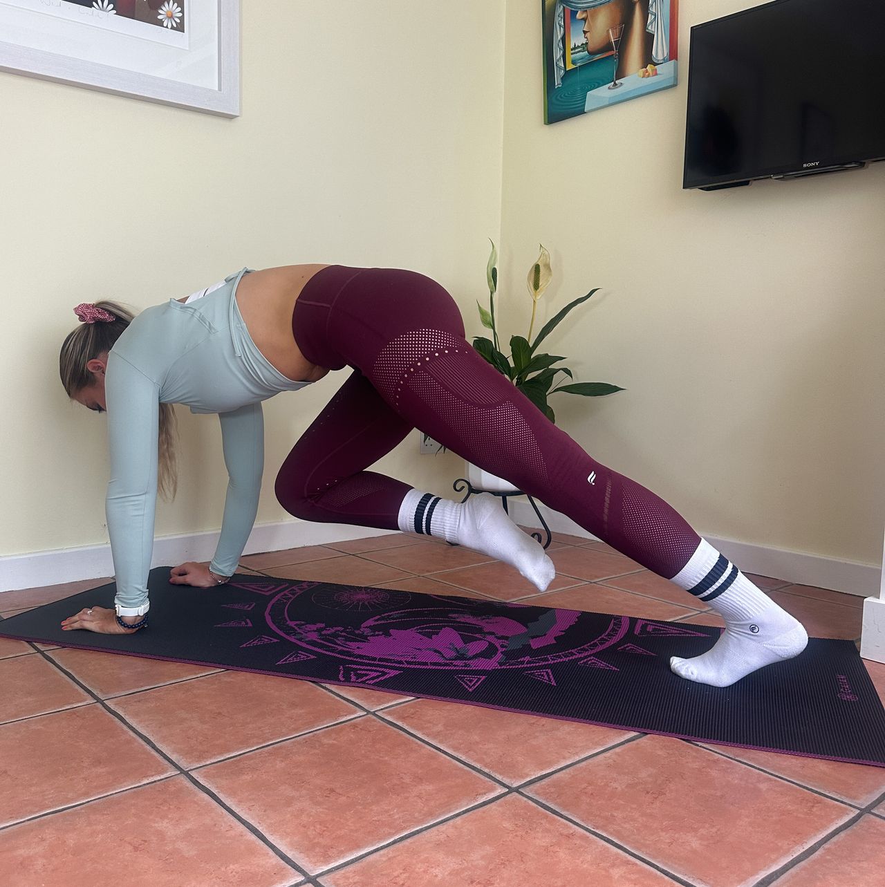 NASM trainer Chloe Thomas performs a plank leg lift to crunch in a cream colored room with pictures on the walls and a plant in the corner. She is facing down on a yoga mat with her hands and feet planted on the ground and the rest of her body held aloft.