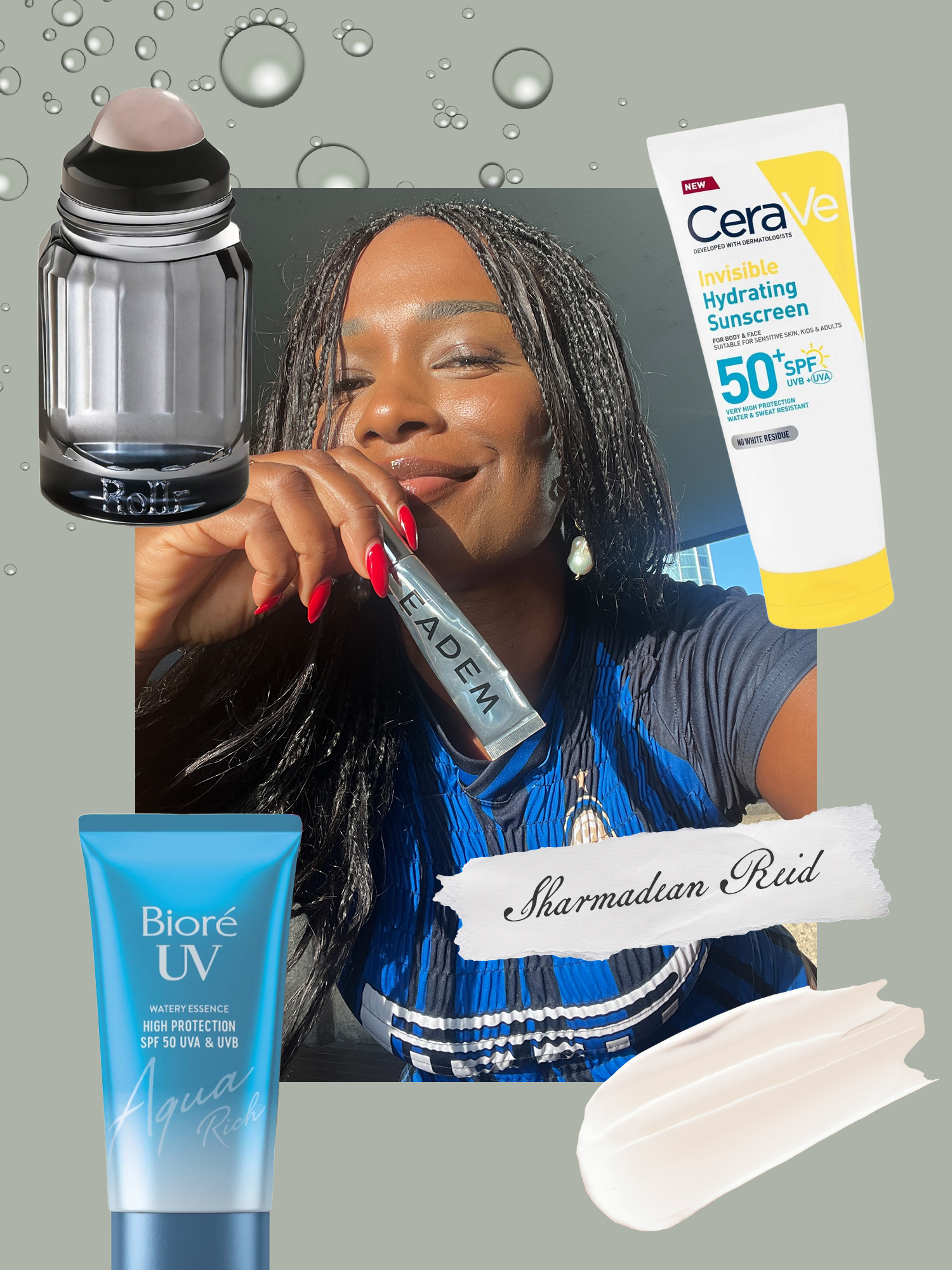 A [picture of Sharmadean Reid alongside products from Rollr, CeraVe and Biore