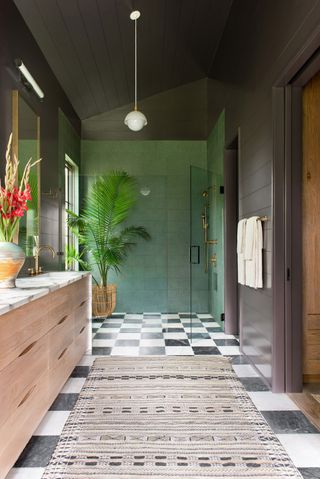 A bathroom with New England paneling on walls and ceiling