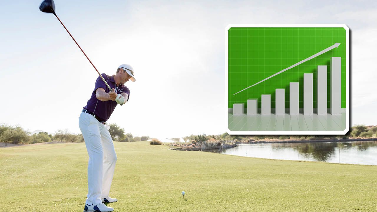 Man driving a golf ball and a bar chart representing driving distance increasing