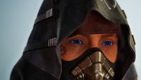 A hooded figure with blue eyes in Dune: Awakening