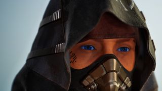A hooded figure with blue eyes in Dune: Awakening