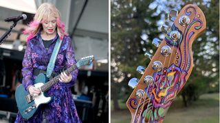 Nancy Wilson playing a blue Telecaster guitar onstage – and (right) the custom painted headstock of her missing baritone Tele
