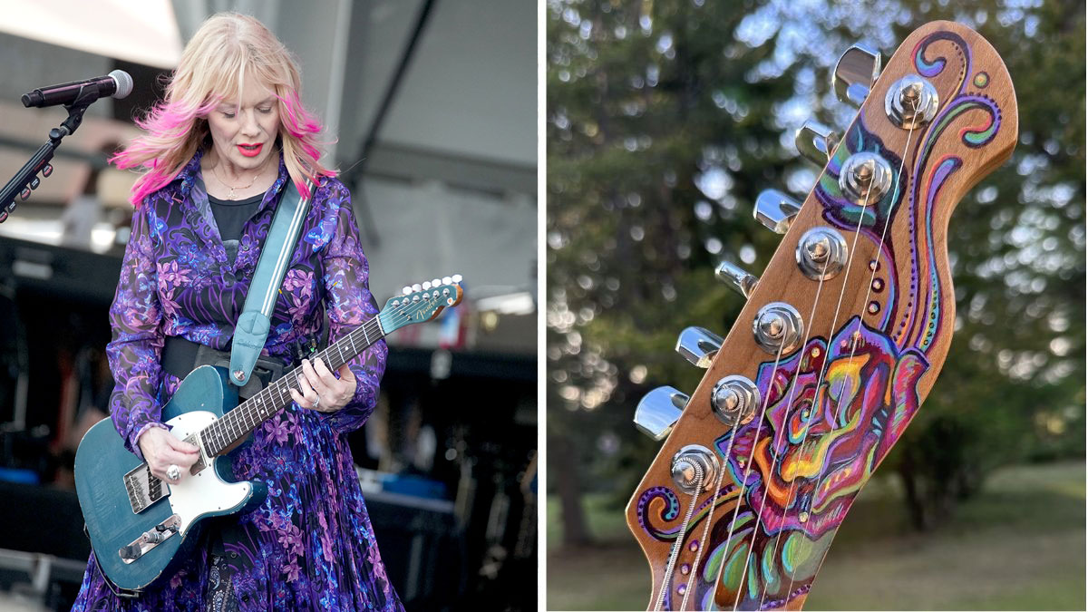 Nancy Wilson playing a blue Telecaster guitar onstage – and (right) the custom painted headstock of her missing baritone Tele
