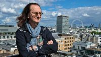 Geddy Lee on the roof of Waterstones bookshop in London