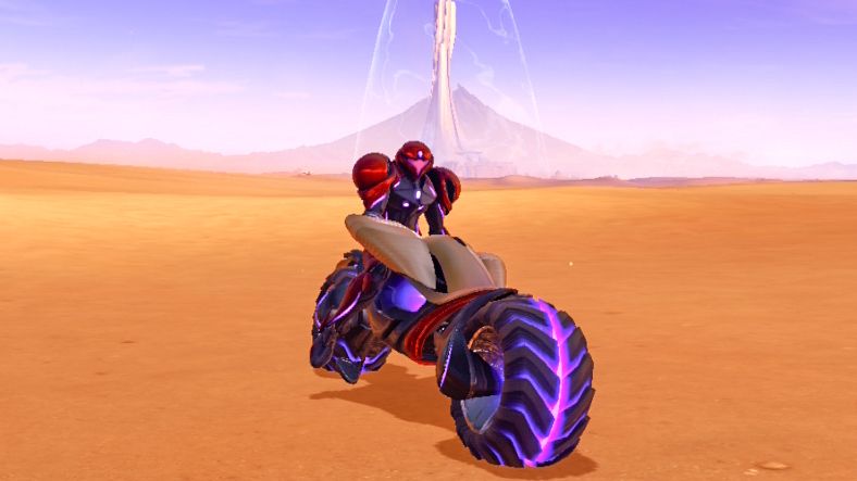 Samsus atop Vi-O-La in Metroid Prime 4: Beyond&#039;s Sol Valley overworld