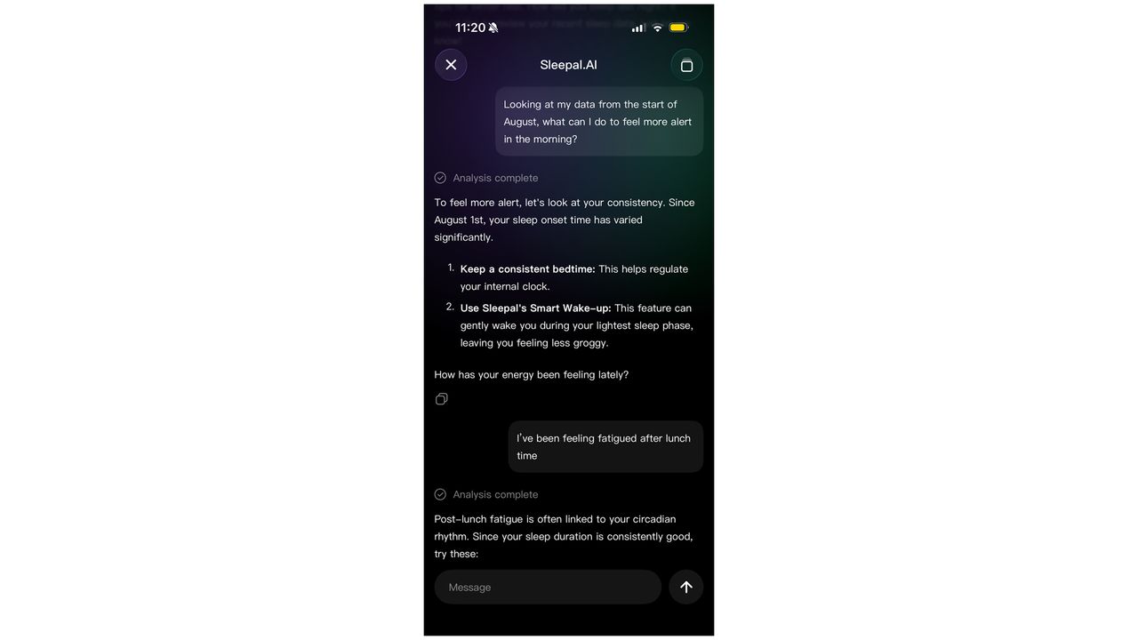 A screenshot of the Sleepal AI app, showing a conversation between the user and the AI chatbot