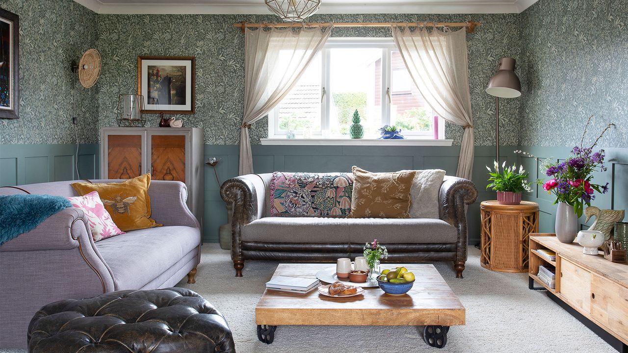 colourful living room with wallpaper and panelling